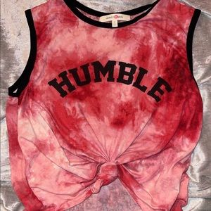 it’s a size M. it’s from wishful park. it’s dark pink, light pink & white shirt.